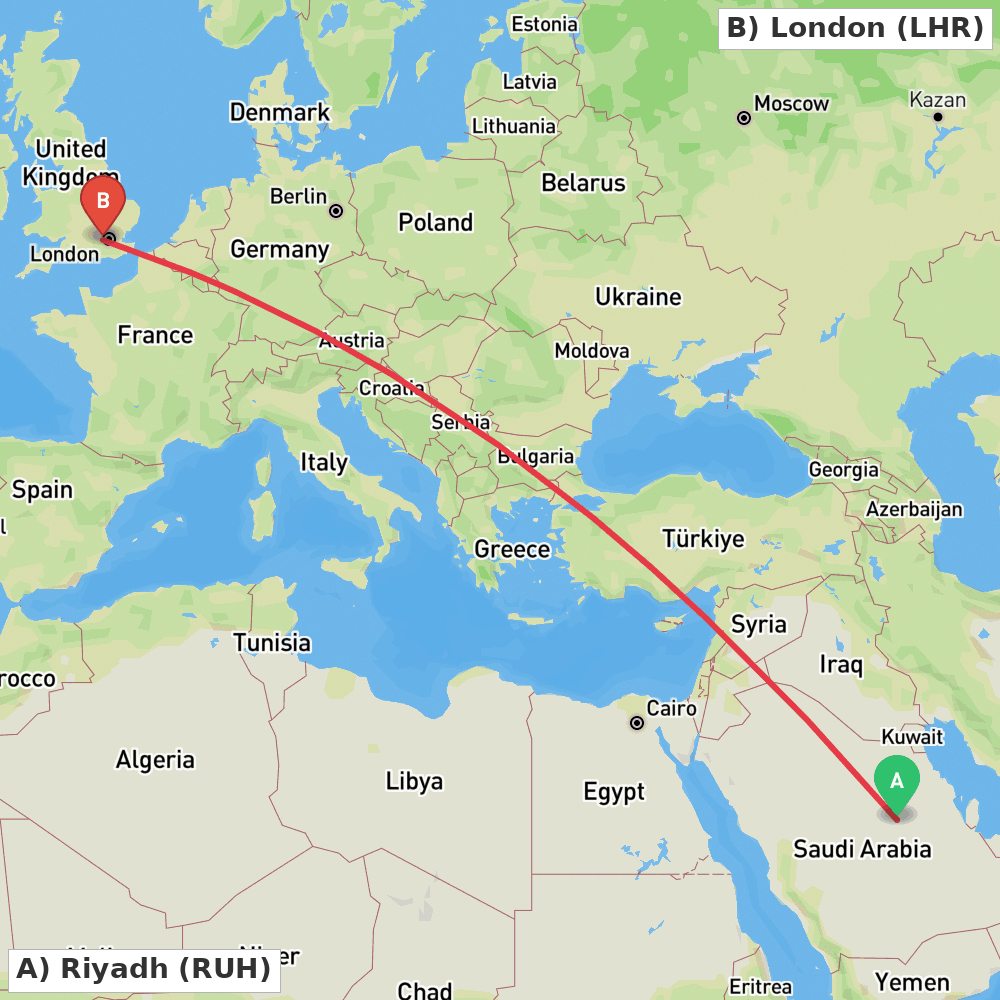 Flight route map from Riyadh to London