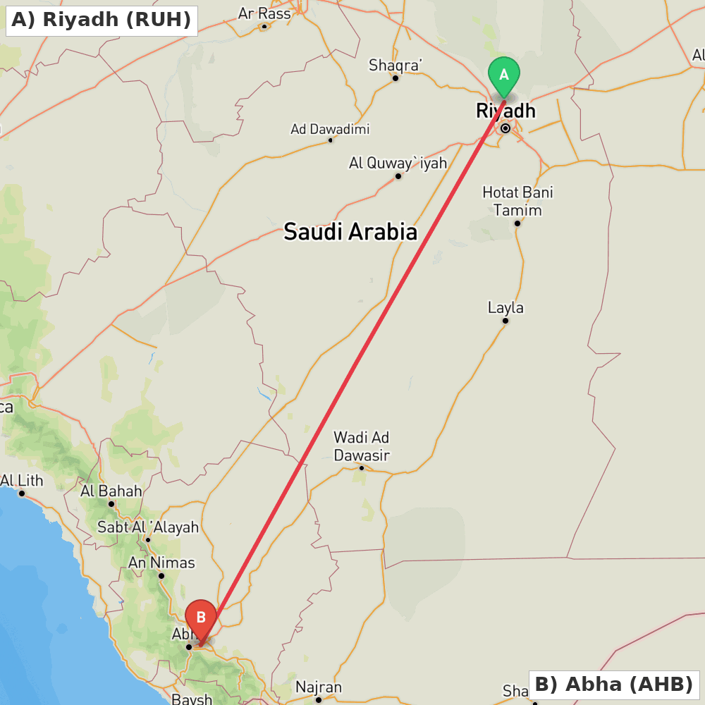 Flight route map from Riyadh to Abha