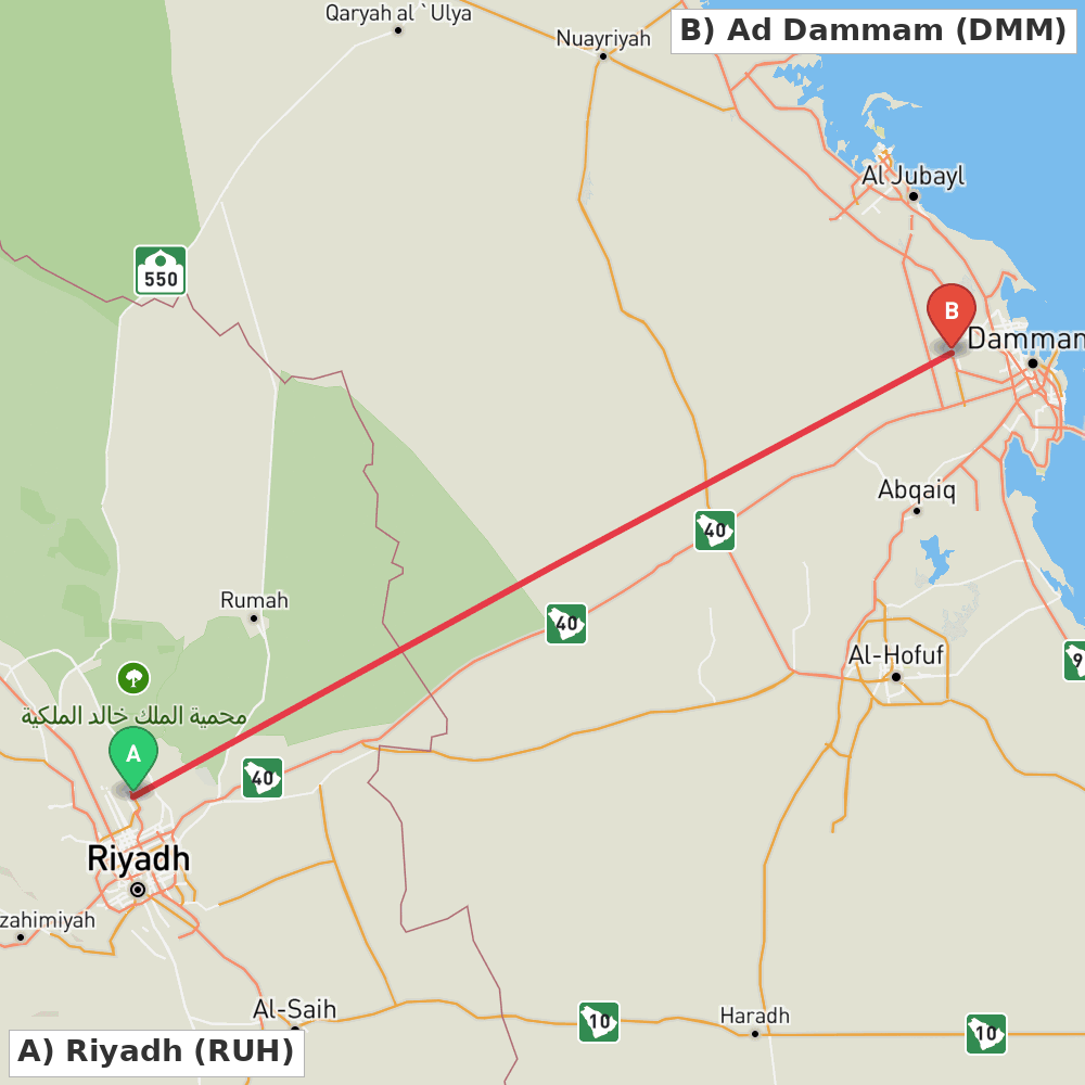 Flight route map from Riyadh to Ad Dammam