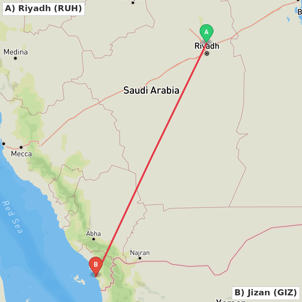 Flight route map from Riyadh to Jizan
