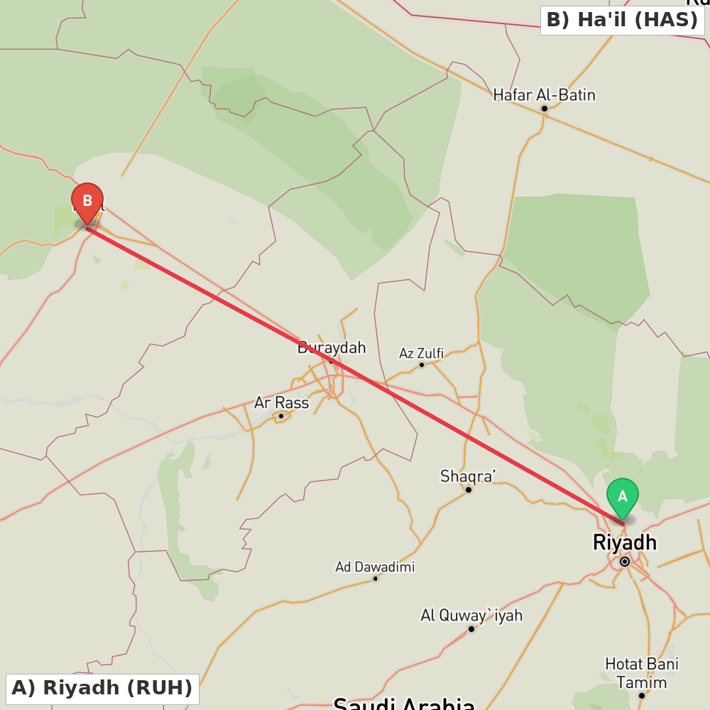 Flight route map from Riyadh to Ha'il