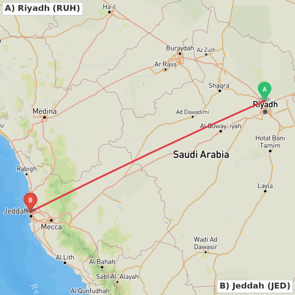 Flight route map from Riyadh to Jeddah