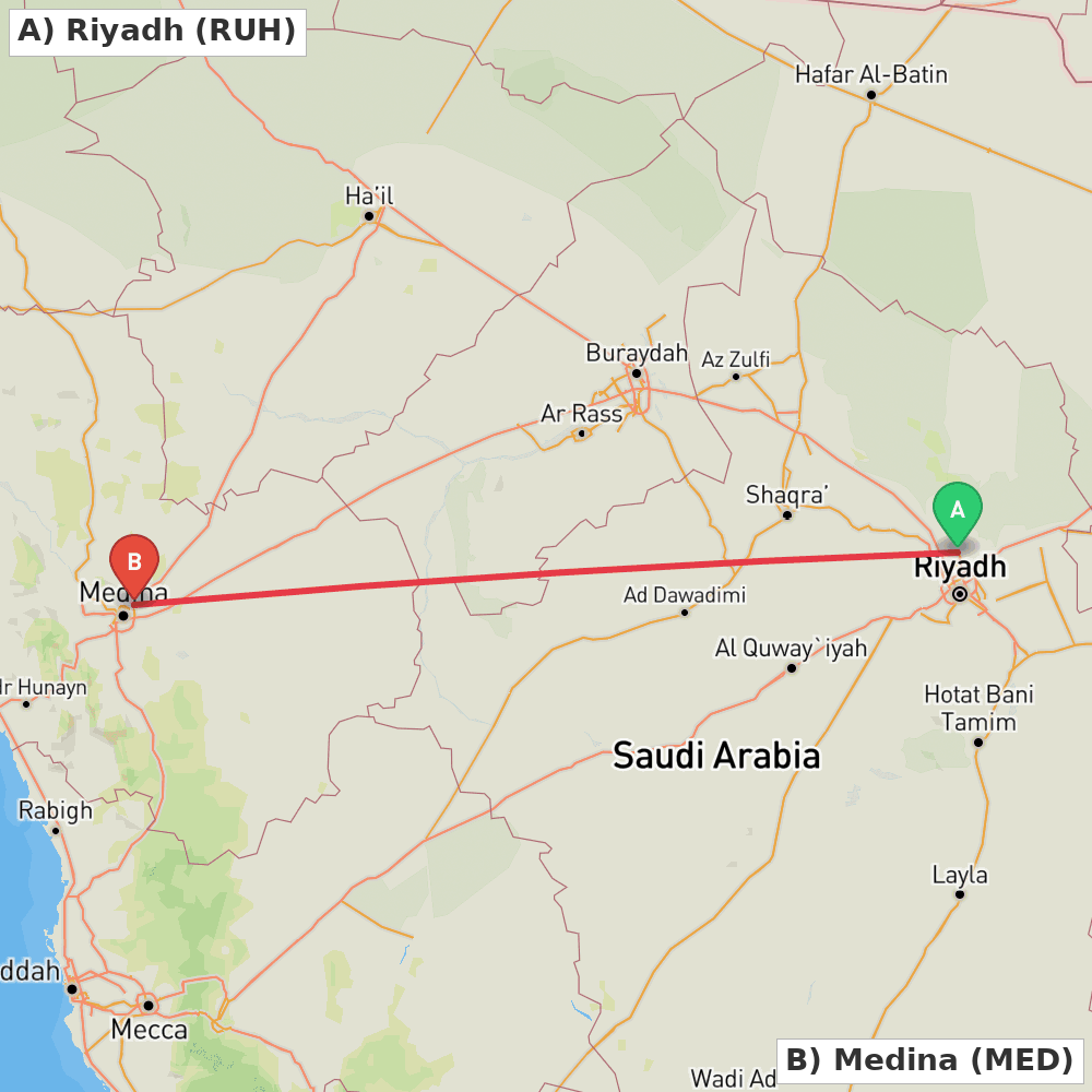 Flight route map from Riyadh to Medina
