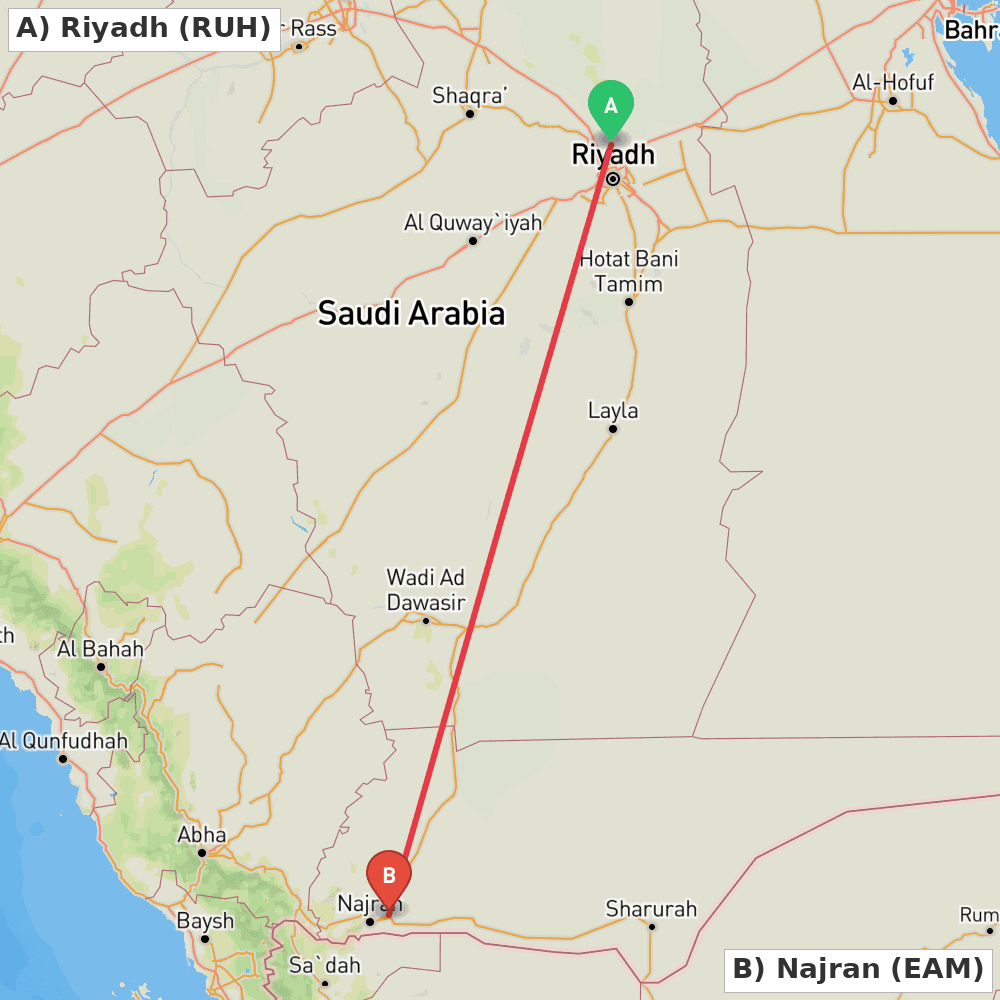 Flight route map from Riyadh to Najran