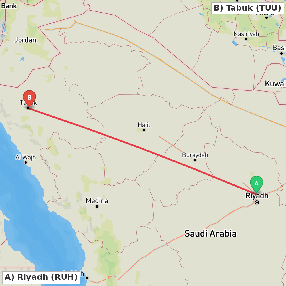 Flight route map from Riyadh to Tabuk
