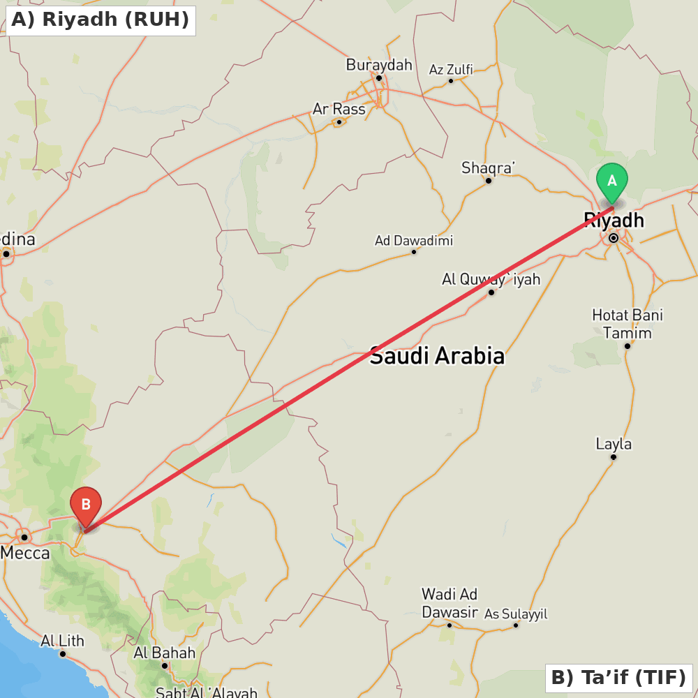 Flight route map from Riyadh to Ta’if