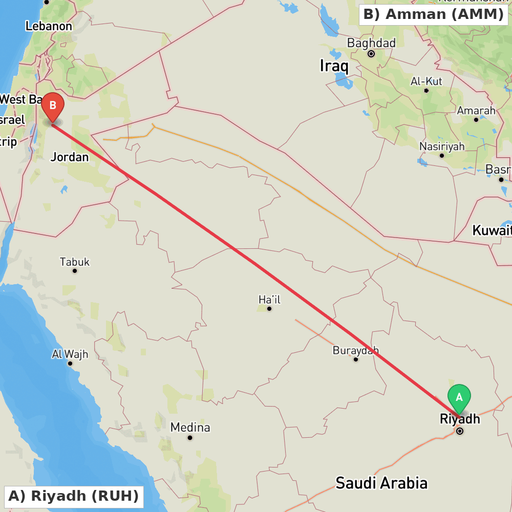 Flight route map from Riyadh to Amman