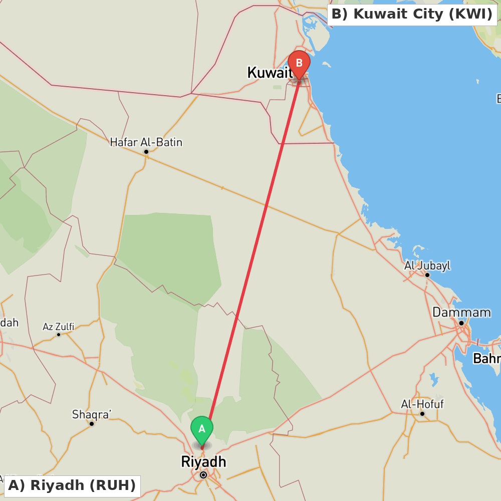 Flight route map from Riyadh to Kuwait City