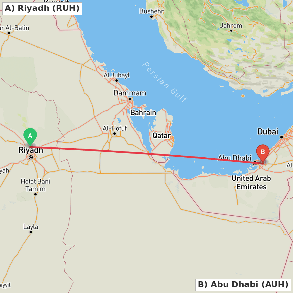 Flight route map from Riyadh to Abu Dhabi