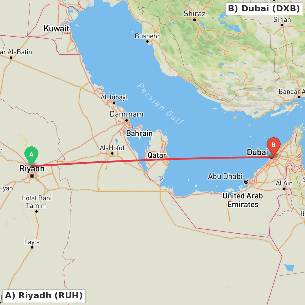 Flight route map from Riyadh to Dubai