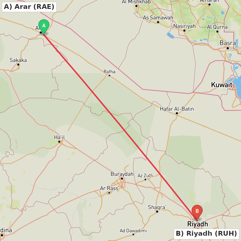 Flight route map from Arar to Riyadh