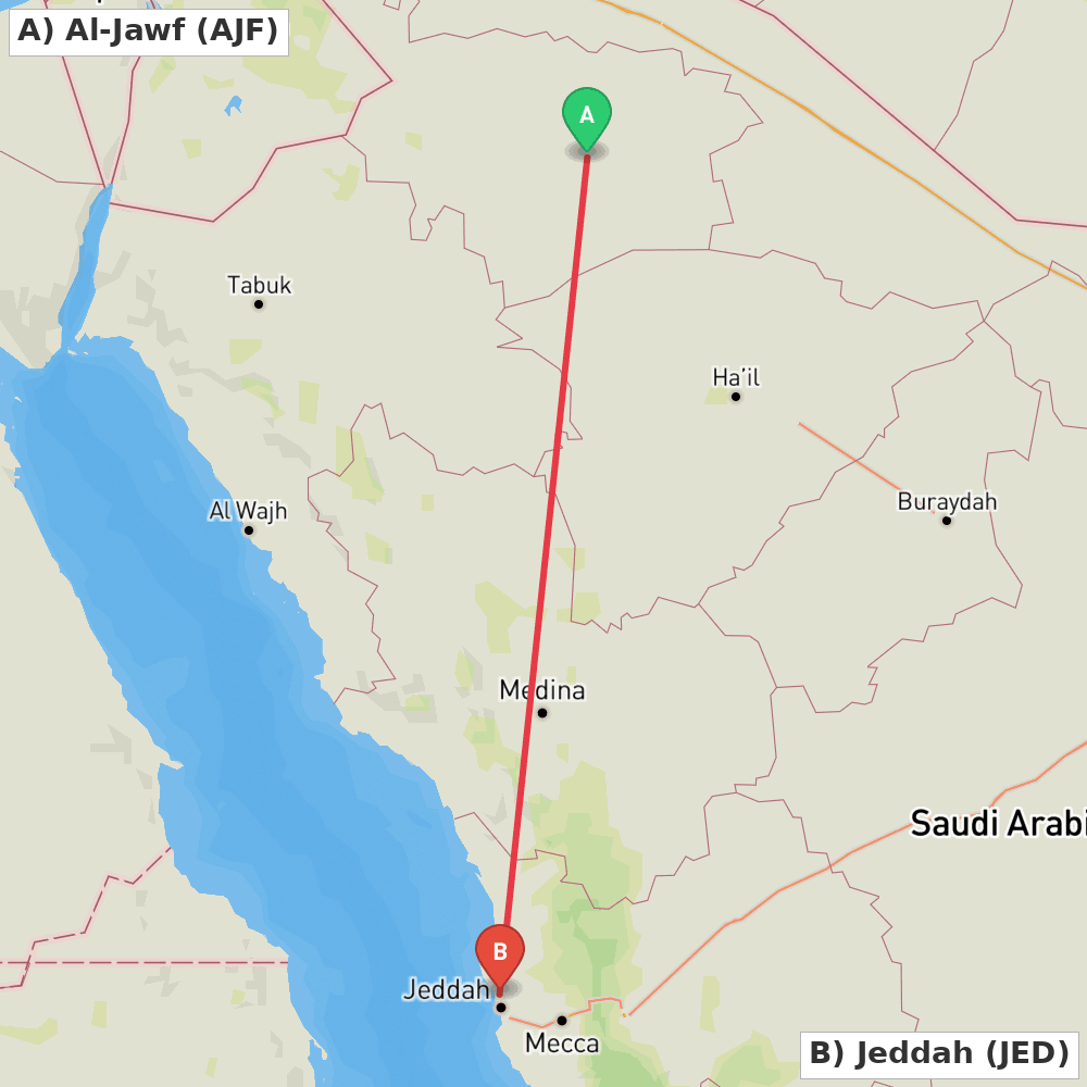 Flight route map from Al-Jawf to Jeddah