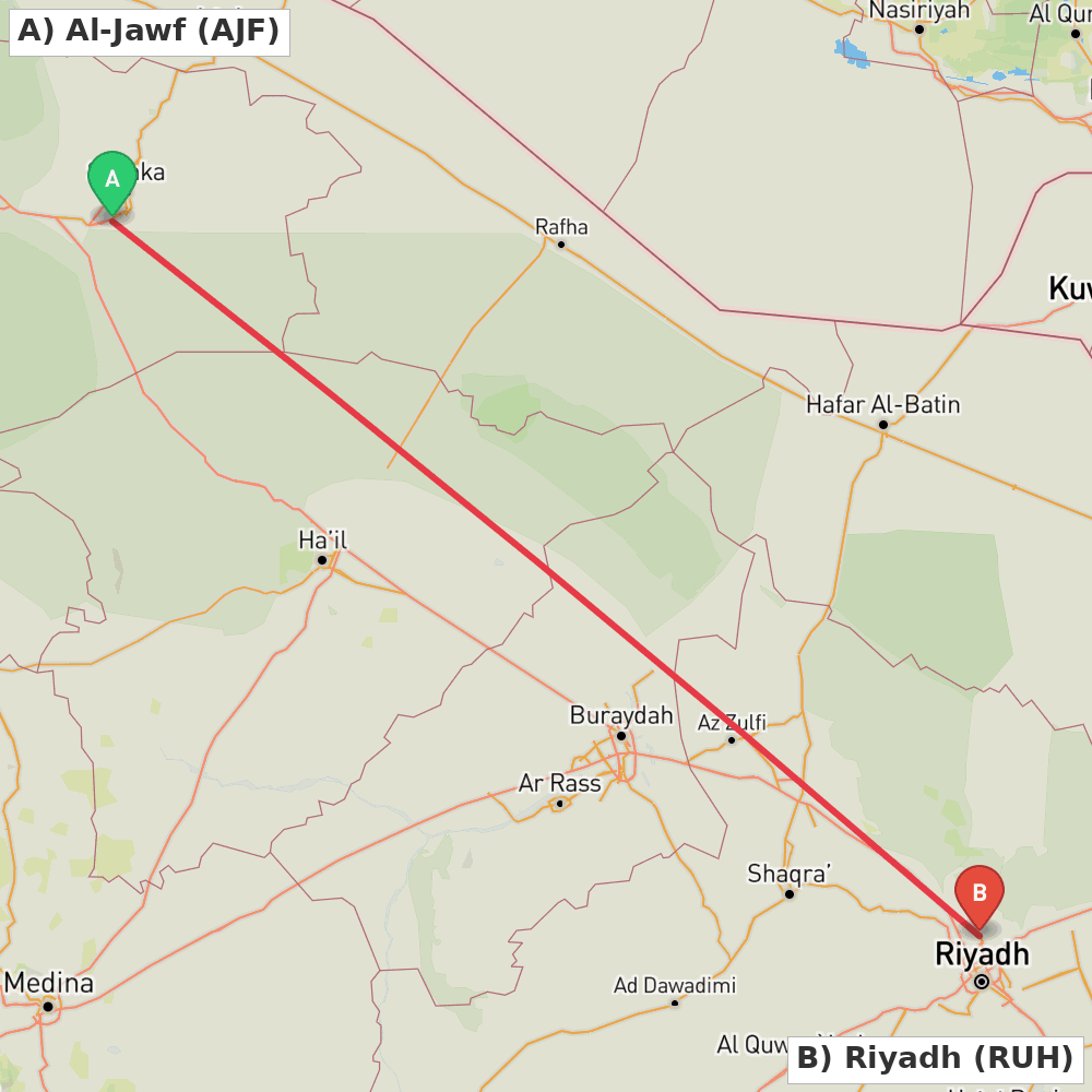 Flight route map from Al-Jawf to Riyadh