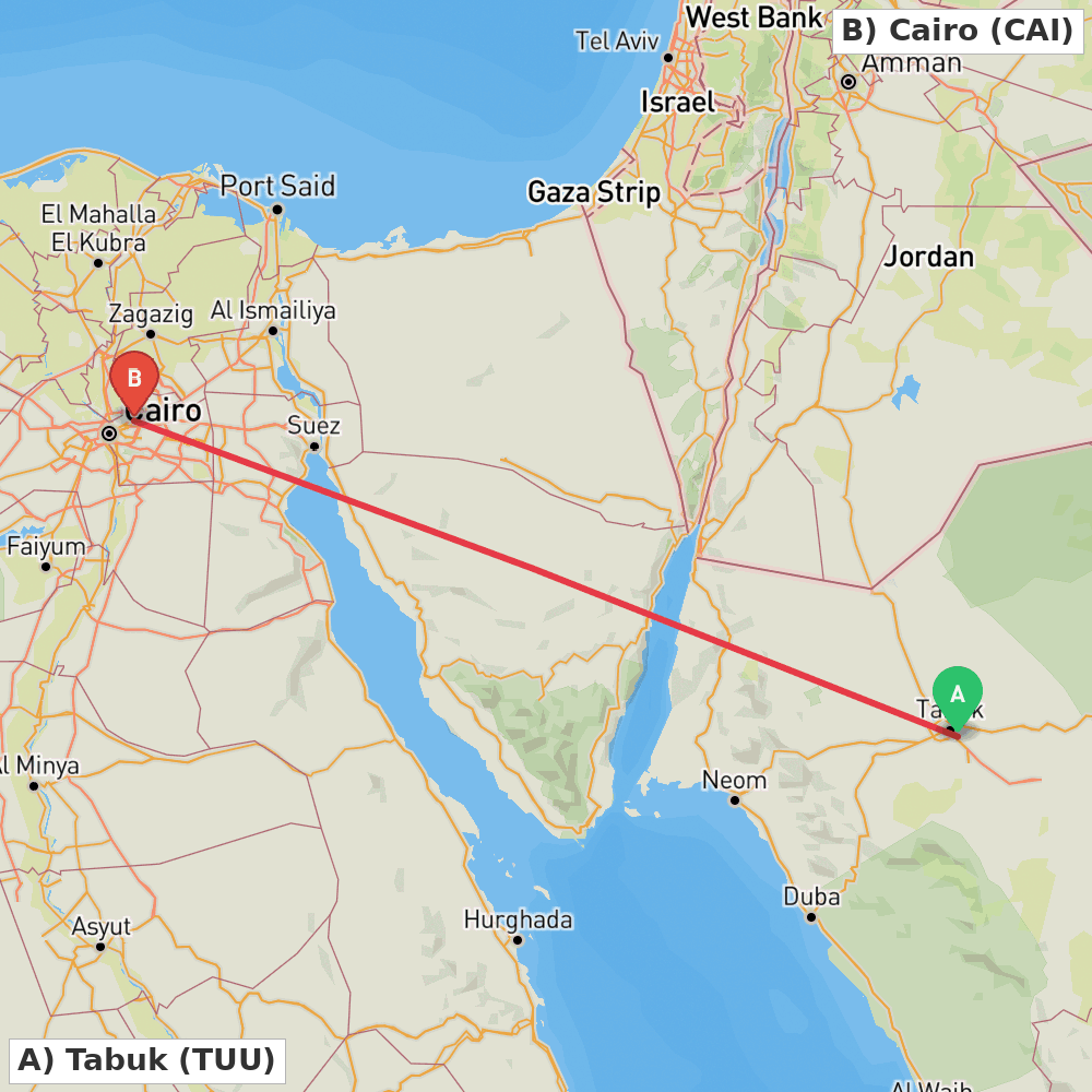 Flight route map from Tabuk to Cairo