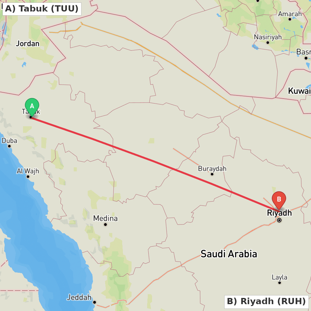 Flight route map from Tabuk to Riyadh