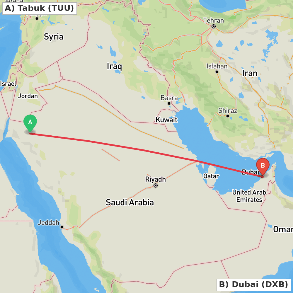 Flight route map from Tabuk to Dubai