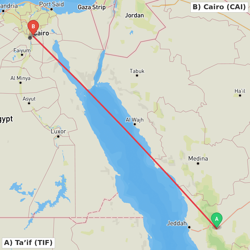 Flight route map from Ta’if to Cairo