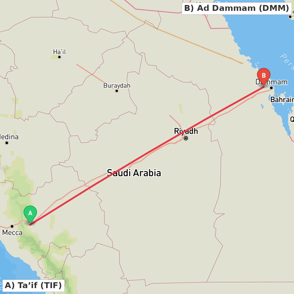 Flight route map from Ta’if to Ad Dammam