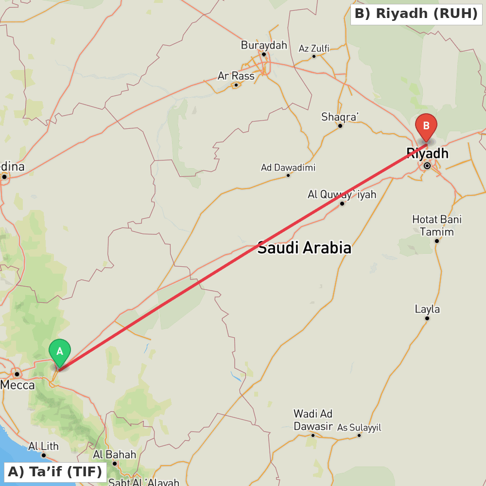 Flight route map from Ta’if to Riyadh