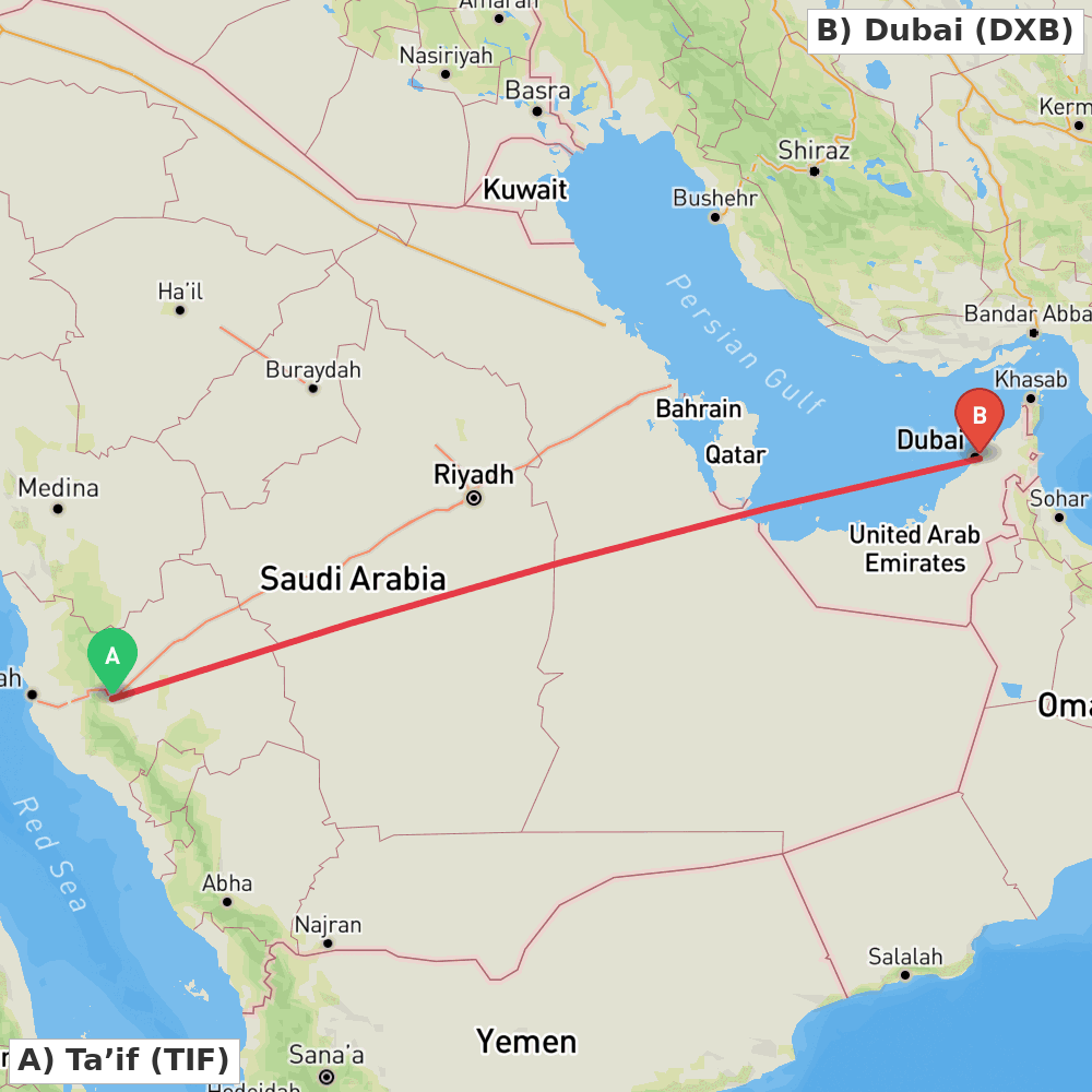 Flight route map from Ta’if to Dubai