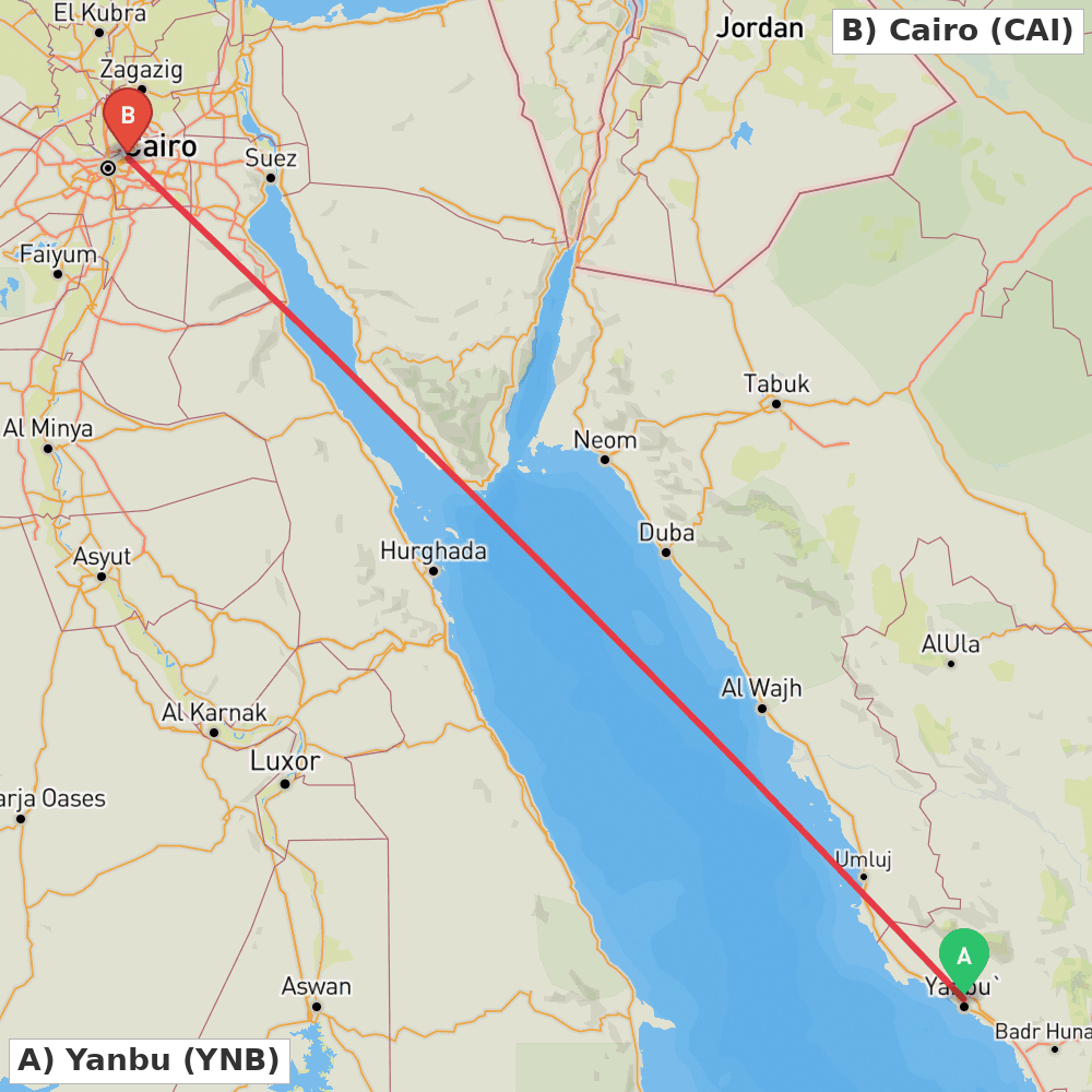 Flight route map from Yanbu to Cairo