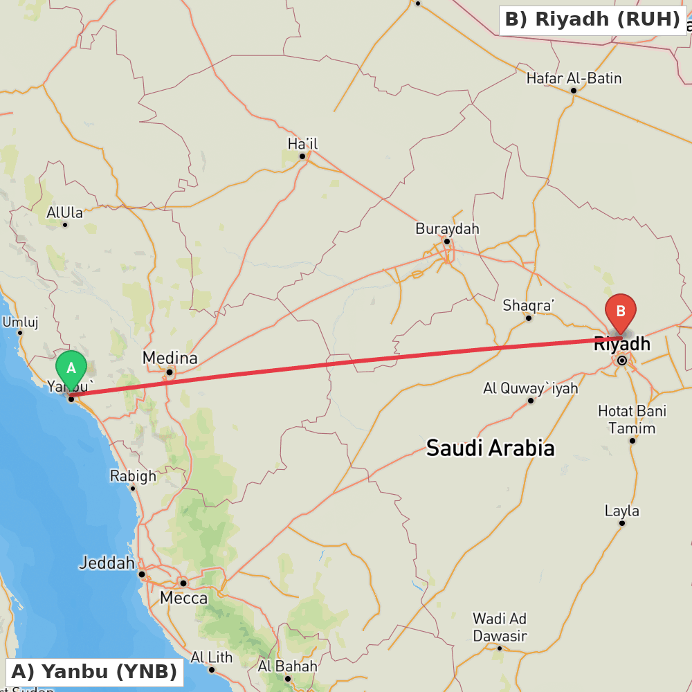 Flight route map from Yanbu to Riyadh