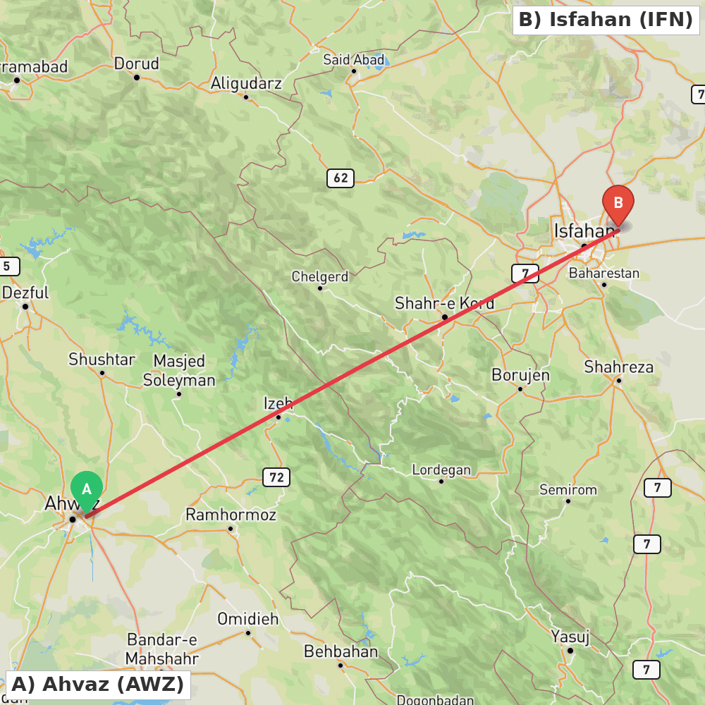 Flight route map from Ahvaz to Isfahan