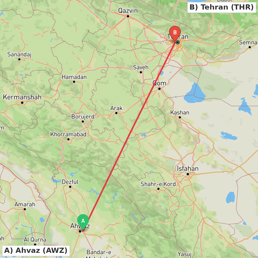 Flight route map from Ahvaz to Tehran