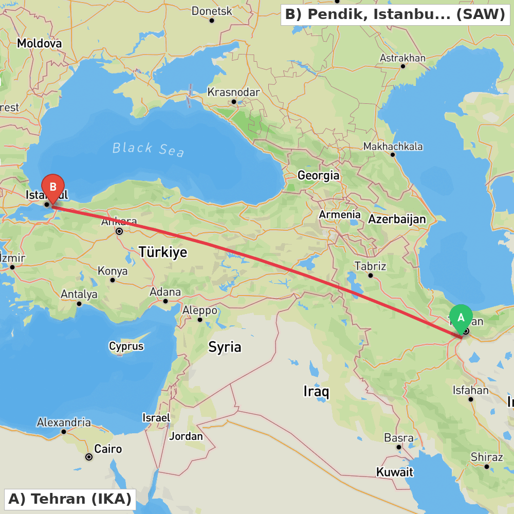 Flight route map from Tehran to Pendik, Istanbul