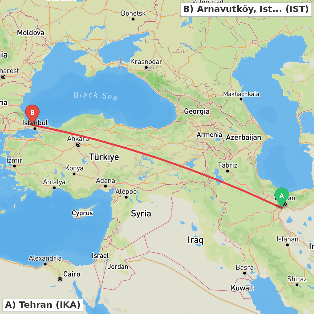 Flight route map from Tehran to Arnavutköy, Istanbul