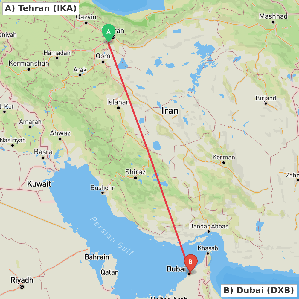 Flight route map from Tehran to Dubai