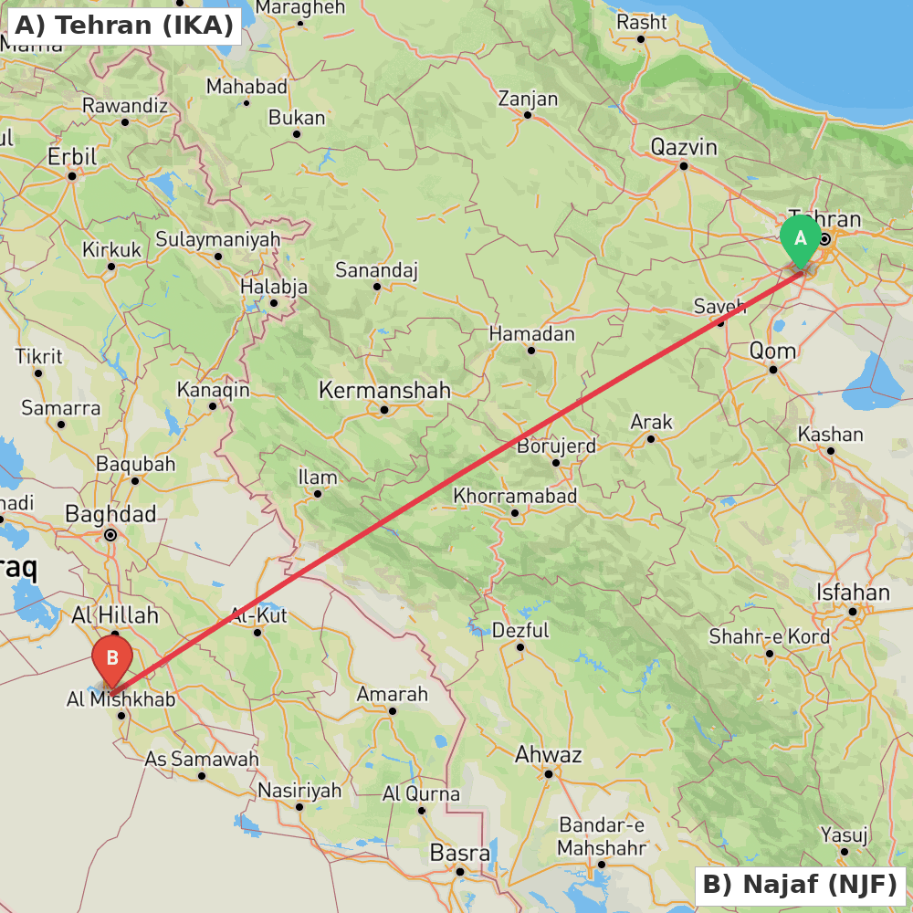 Flight route map from Tehran to Najaf