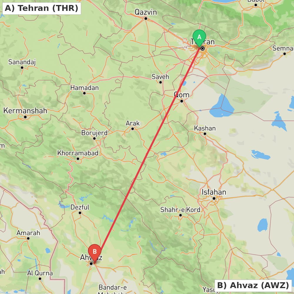 Flight route map from Tehran to Ahvaz