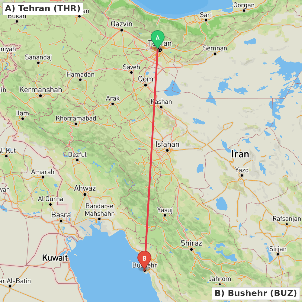 Flight route map from Tehran to Bushehr