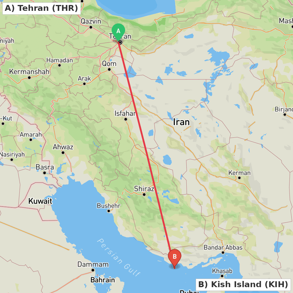Flight route map from Tehran to Kish Island
