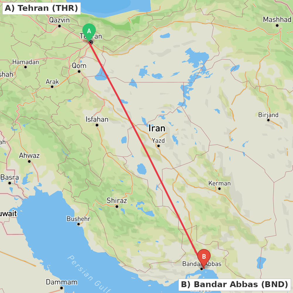 Flight route map from Tehran to Bandar Abbas