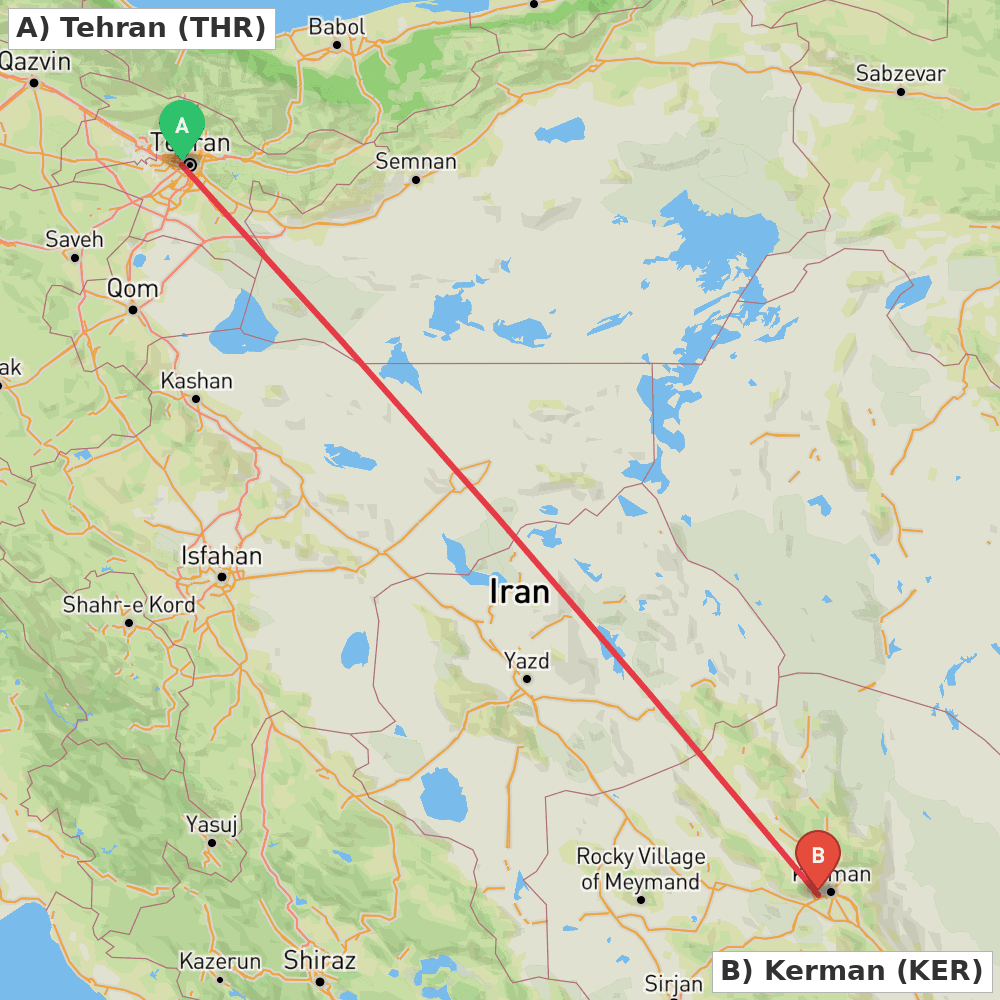 Flight route map from Tehran to Kerman