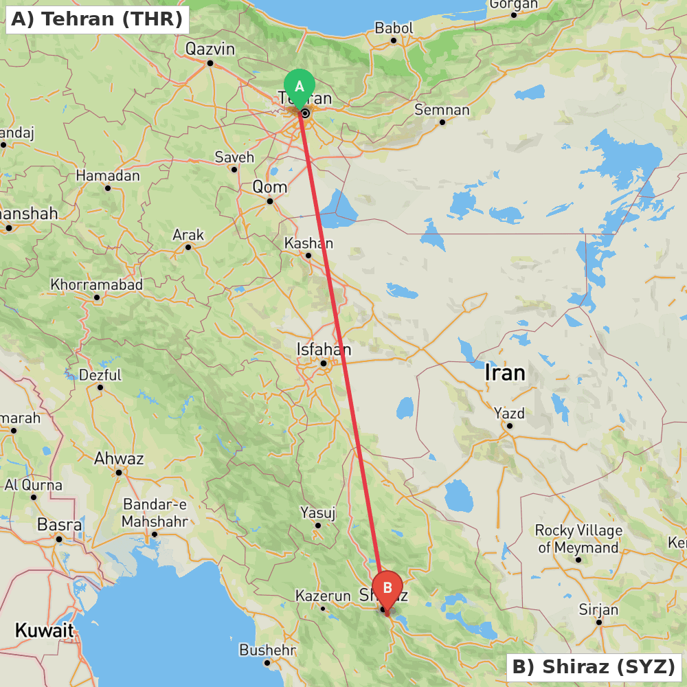 Flight route map from Tehran to Shiraz