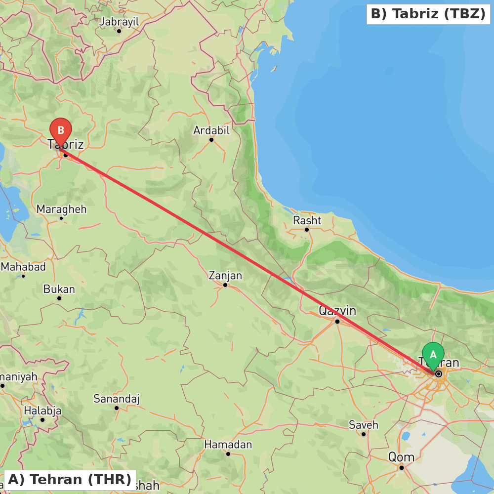 Flight route map from Tehran to Tabriz