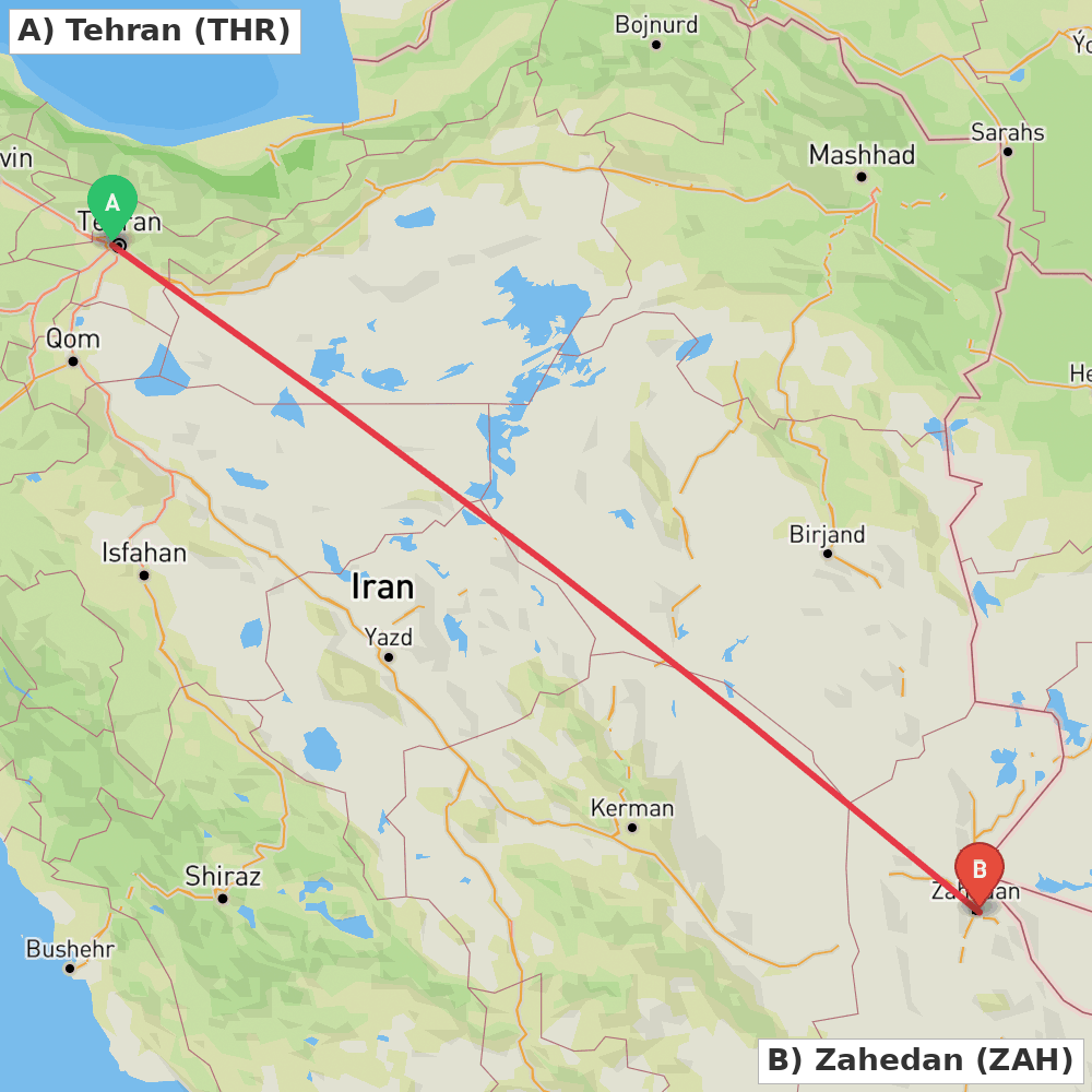 Flight route map from Tehran to Zahedan