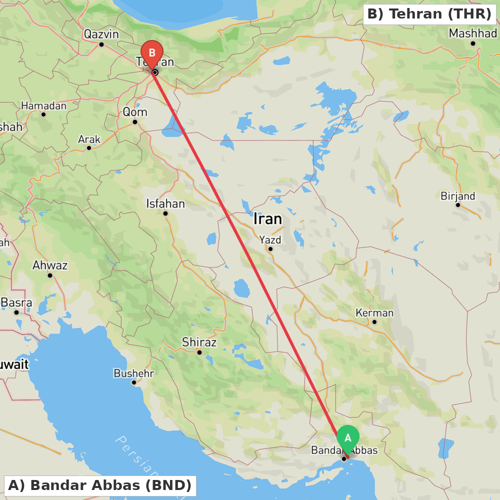 Flight route map from Bandar Abbas to Tehran