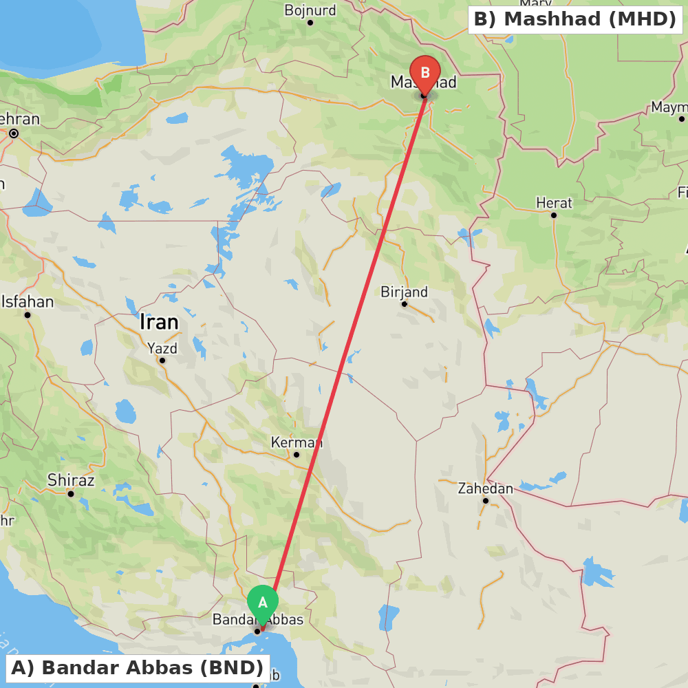 Flight route map from Bandar Abbas to Mashhad