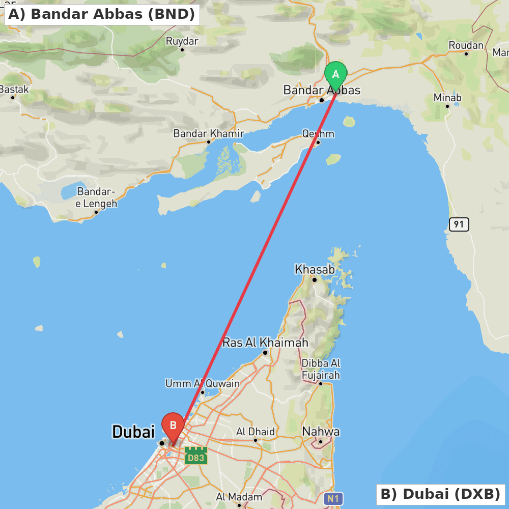 Flight route map from Bandar Abbas to Dubai