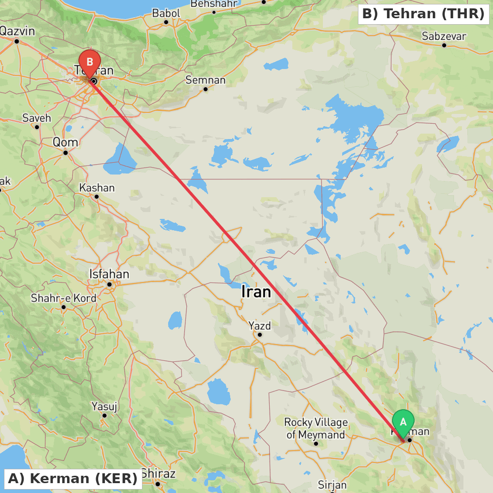 Flight route map from Kerman to Tehran