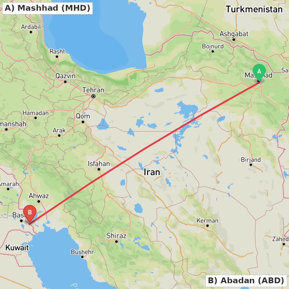 Flight route map from Mashhad to Abadan
