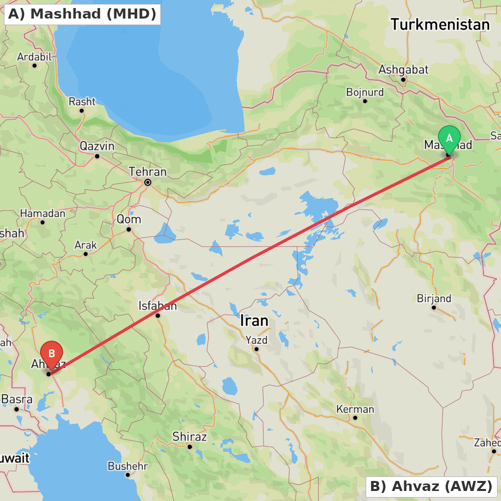 Flight route map from Mashhad to Ahvaz