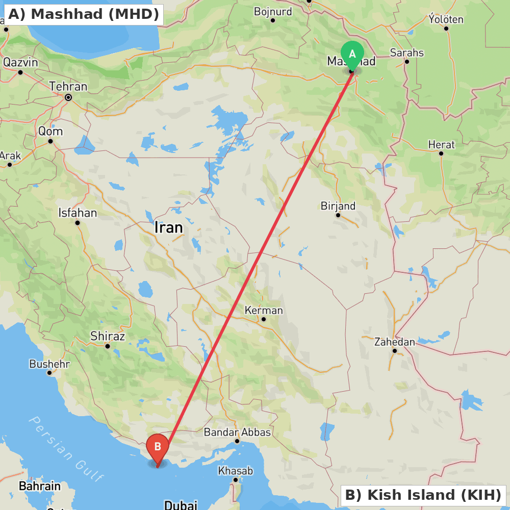 Flight route map from Mashhad to Kish Island