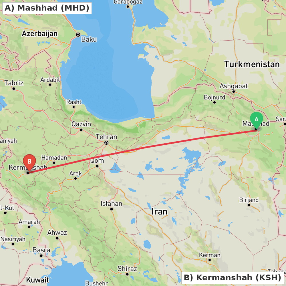 Flight route map from Mashhad to Kermanshah