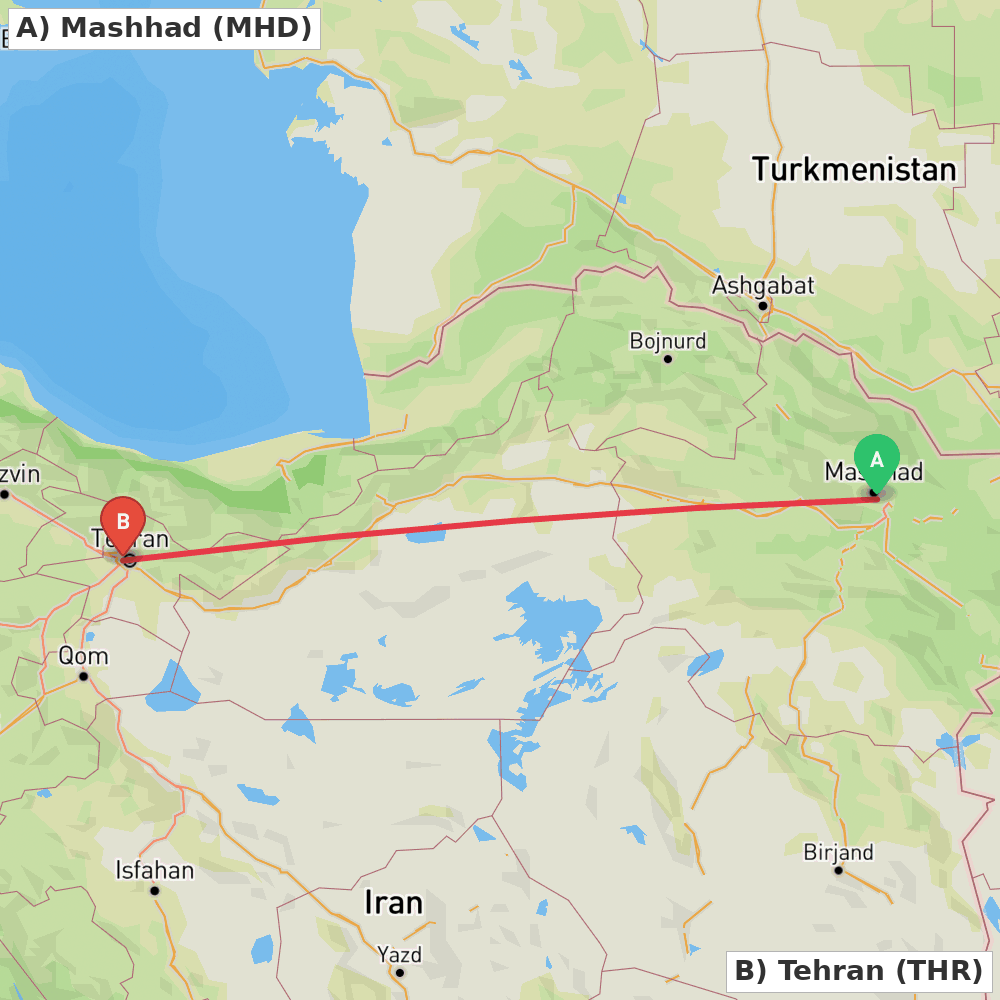 Flight route map from Mashhad to Tehran