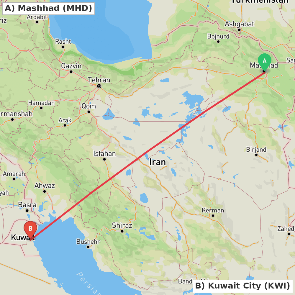Flight route map from Mashhad to Kuwait City